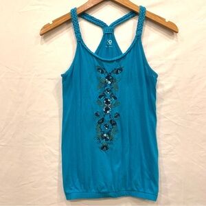 SO Blue Racerback Tank Top Braided Straps Flower Pattern
